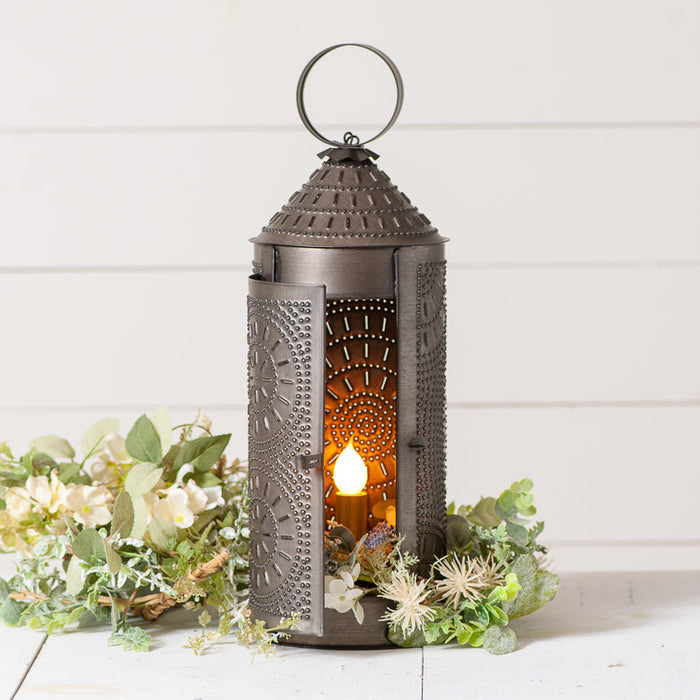 Rustic punched tin chimney lantern from Countryside Home Decor, suitable as a table or wall lamp with a vintage country style.