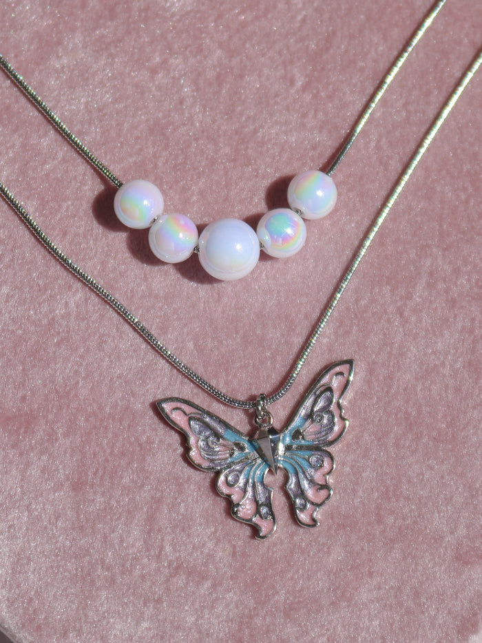 Elina Butterfly and Mermaid Holographic Pearl Necklace Set