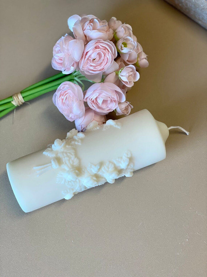 Floral pillar candle by Crazy About Candles featuring soy wax, with a decorative floral design and warm, inviting scent.