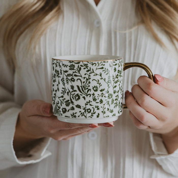 Green Ditsy Floral 14 oz coffee mug by Sweet Water Decor with a cheerful spring floral pattern.