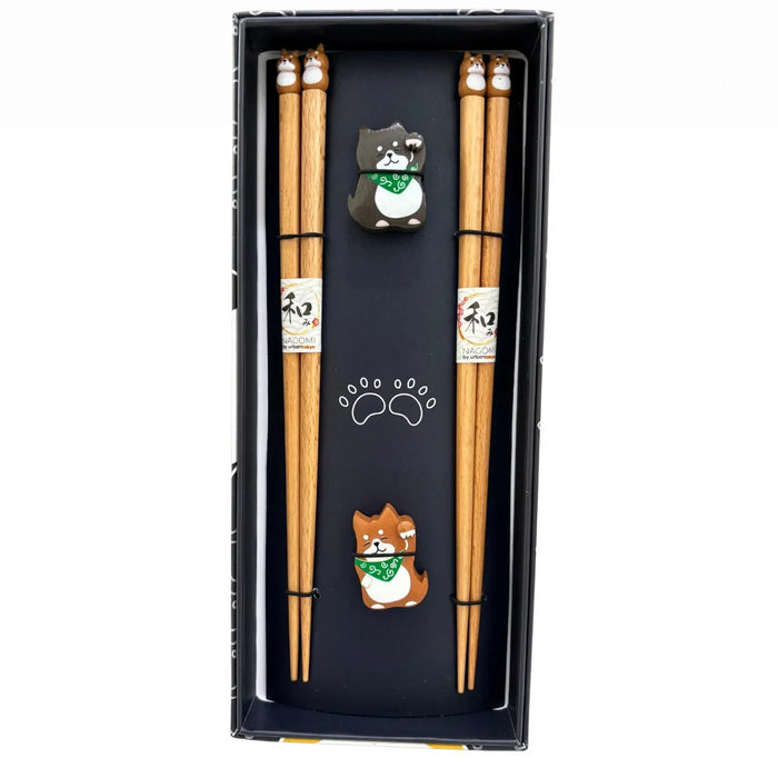 Shiba Inu 2 Pair Wooden Chopsticks and Chopsticks Rests Gift Set