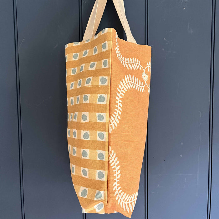 Tote Bag - Dotty Check, Light Ochre, Ochre, Smoke and Up the garden path, Day Lily